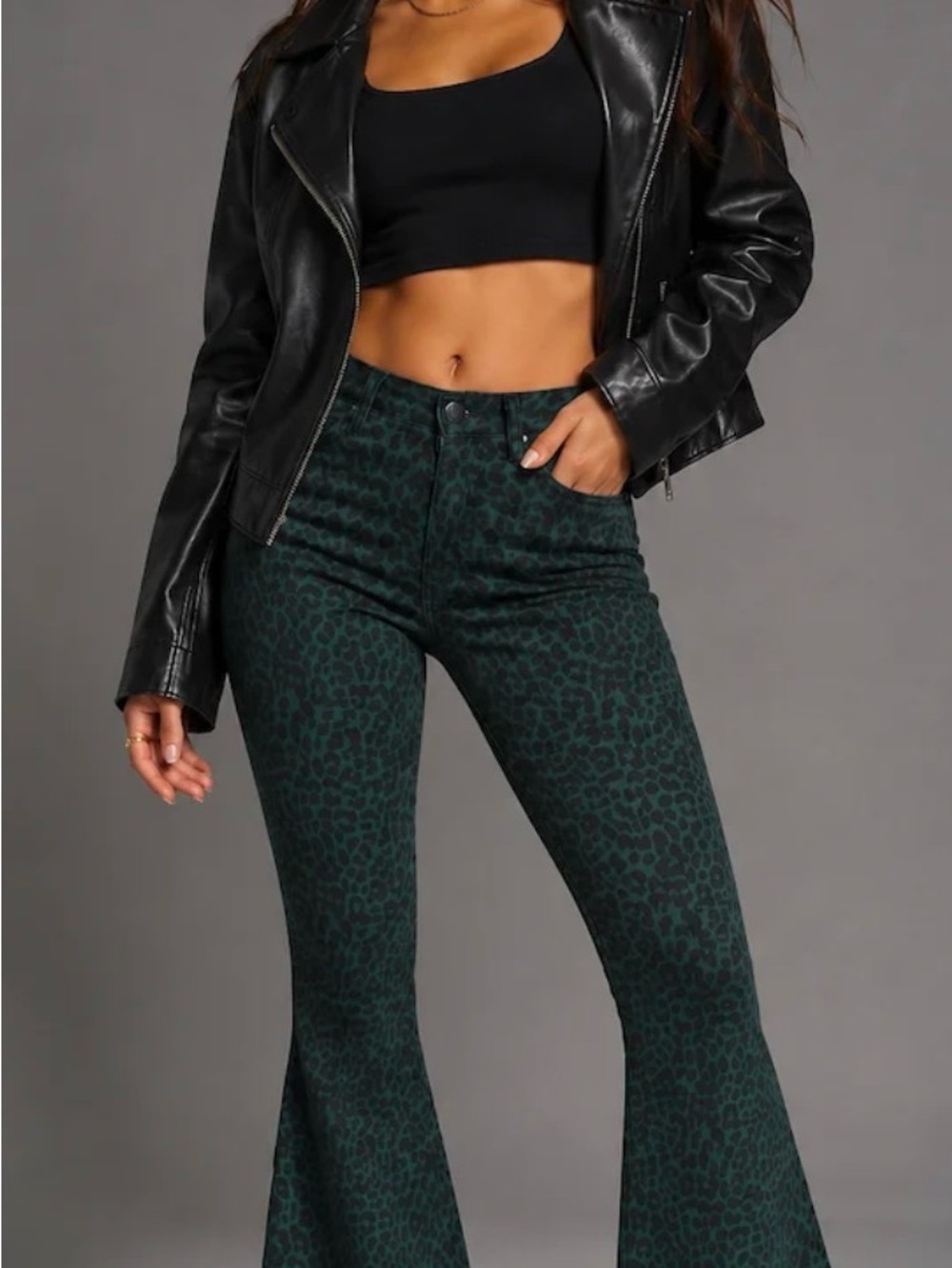 GJG Denim NWT Women Size 3 Leopard Print Bell Bottom Jeans Pine Green Unhemmed